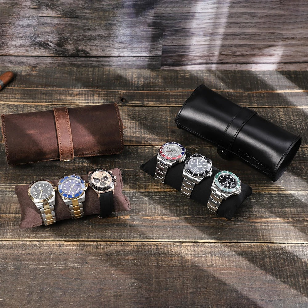 Sarthan Luxury Leather 3-Slot Travel Watch Roll